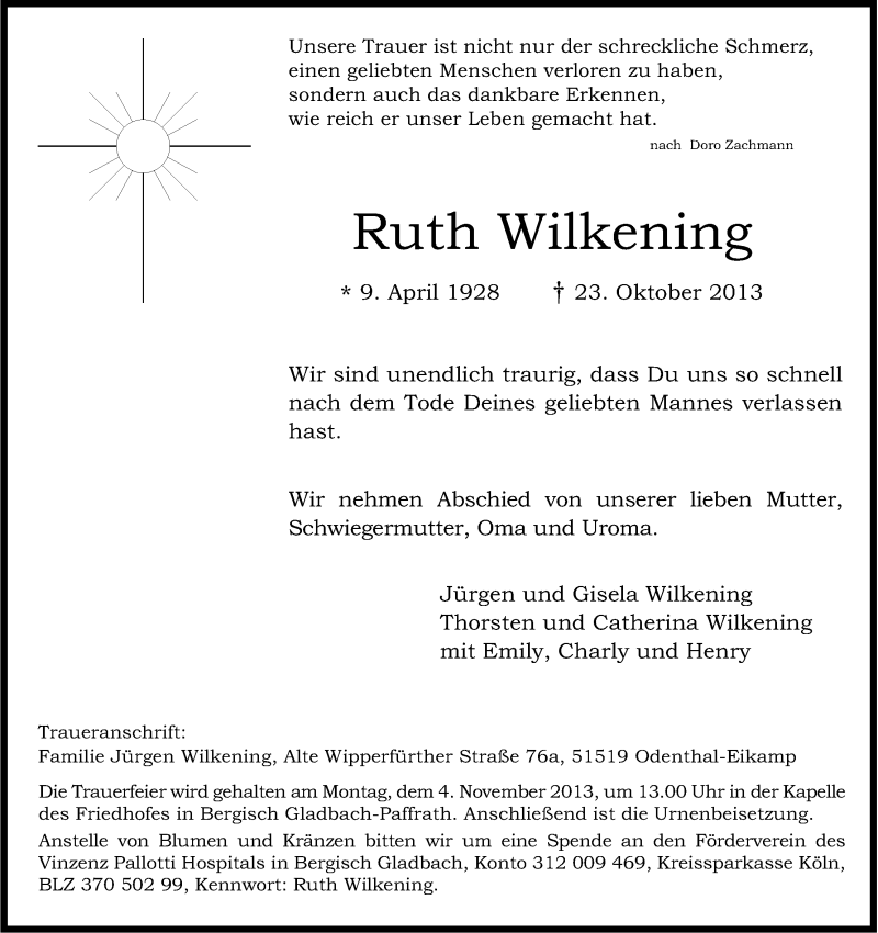  Traueranzeige für Ruth Wilkening vom 30.10.2013 aus Kölner Stadt-Anzeiger / Kölnische Rundschau / Express