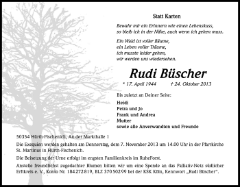 Anzeige von Rudi Büscher von Kölner Stadt-Anzeiger / Kölnische Rundschau / Express