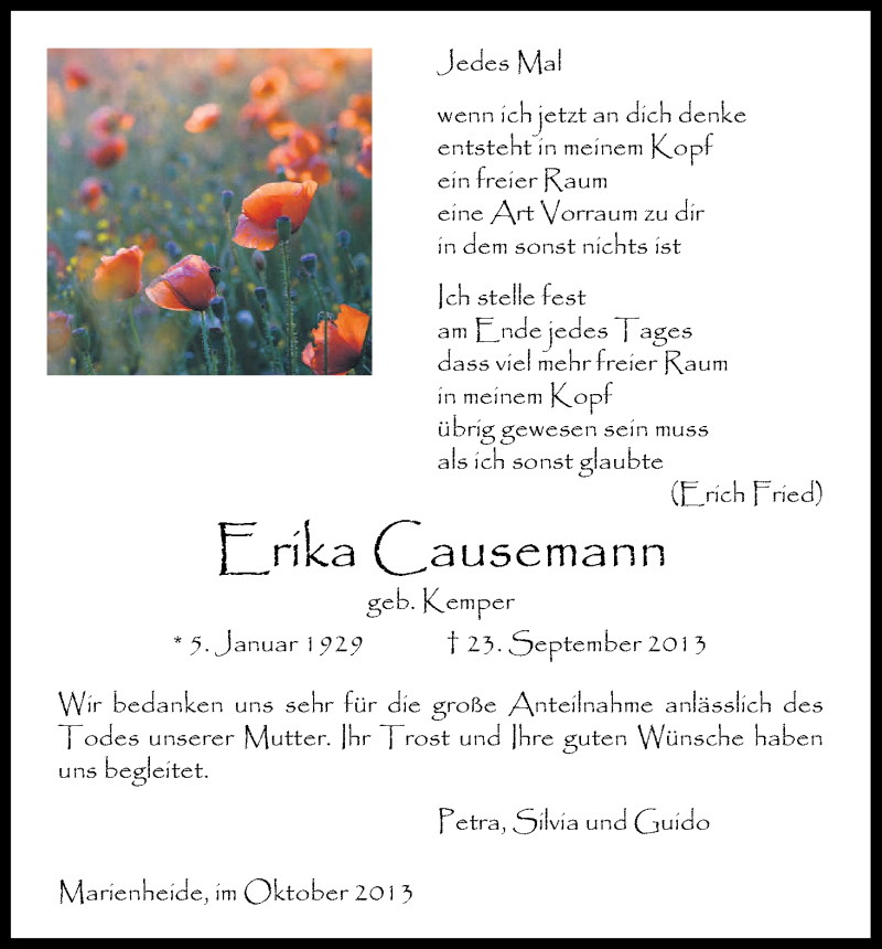  Traueranzeige für Erika Causemann vom 31.10.2013 aus Kölner Stadt-Anzeiger / Kölnische Rundschau / Express