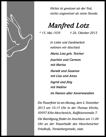 Anzeige von Manfred Lotz von Kölner Stadt-Anzeiger / Kölnische Rundschau / Express