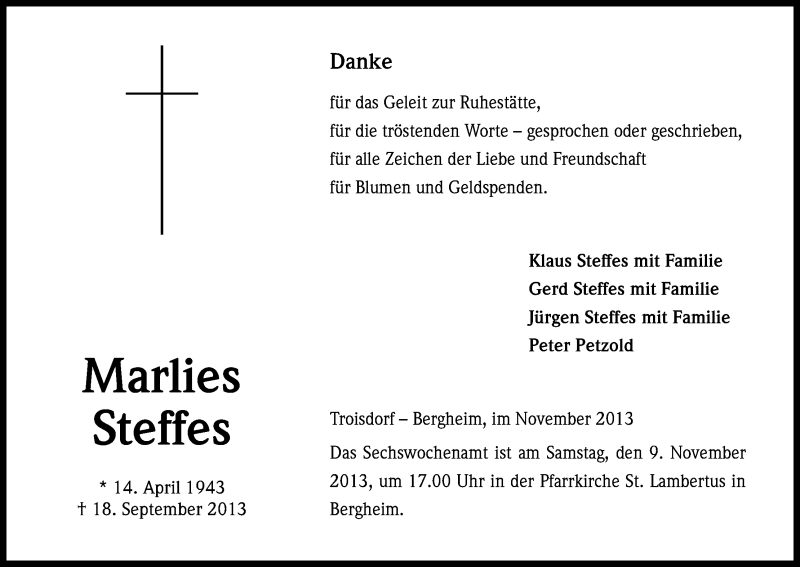  Traueranzeige für Marlies Steffens vom 06.11.2013 aus Kölner Stadt-Anzeiger / Kölnische Rundschau / Express