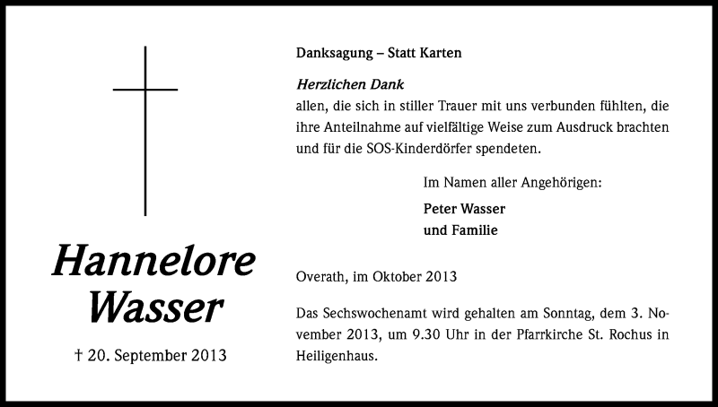 Traueranzeige für Hannelore Wasser vom 30.10.2013 aus Kölner Stadt-Anzeiger / Kölnische Rundschau / Express