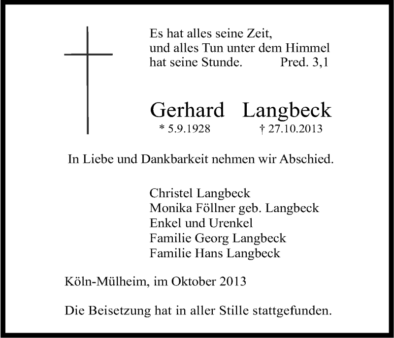  Traueranzeige für Gerhard Langbeck vom 02.11.2013 aus Kölner Stadt-Anzeiger / Kölnische Rundschau / Express