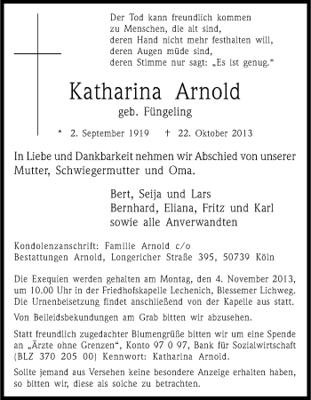 Anzeige von Katharina Arnold von Kölner Stadt-Anzeiger / Kölnische Rundschau / Express