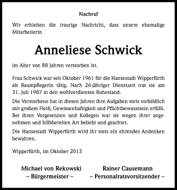 Anzeige von Anneliese Schwick von Kölner Stadt-Anzeiger / Kölnische Rundschau / Express