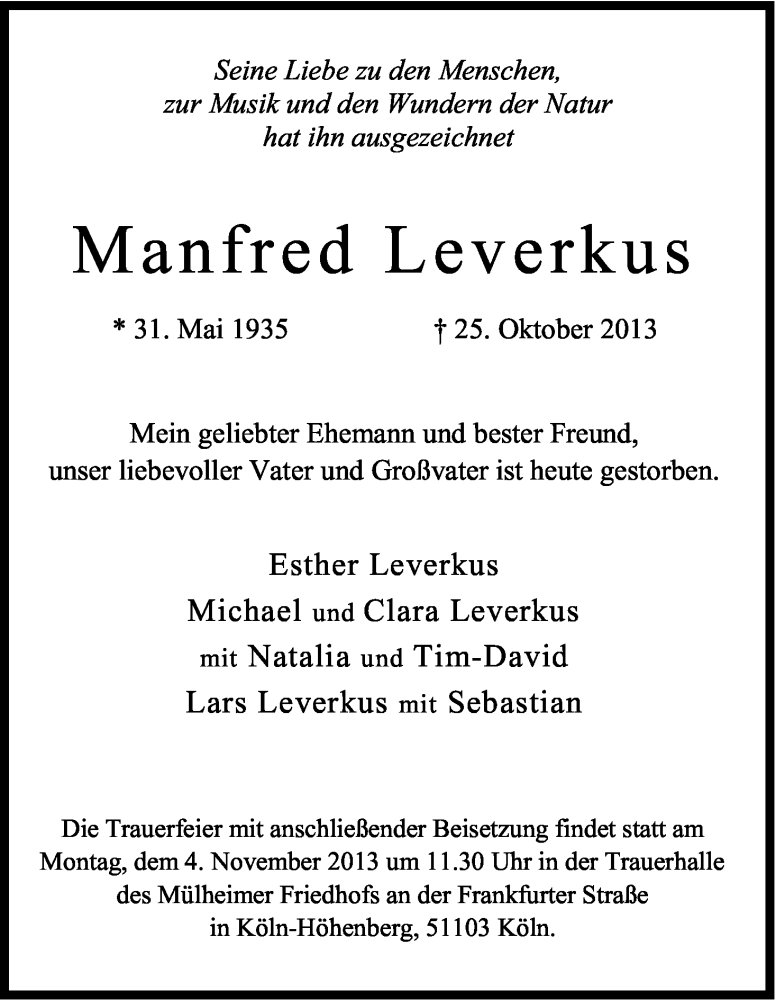  Traueranzeige für Manfred Leverkus vom 30.10.2013 aus Kölner Stadt-Anzeiger / Kölnische Rundschau / Express