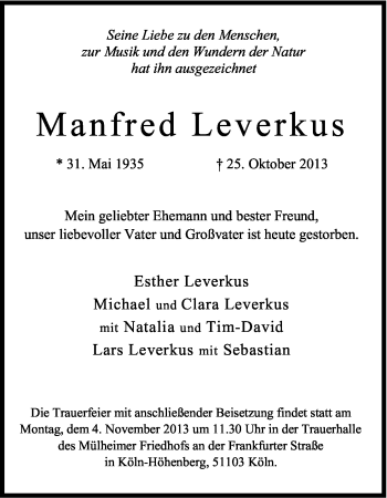 Anzeige von Manfred Leverkus von Kölner Stadt-Anzeiger / Kölnische Rundschau / Express