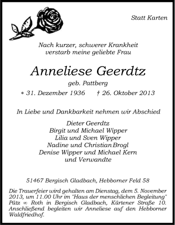 Anzeige von Anneliese Geerdtz von Kölner Stadt-Anzeiger / Kölnische Rundschau / Express