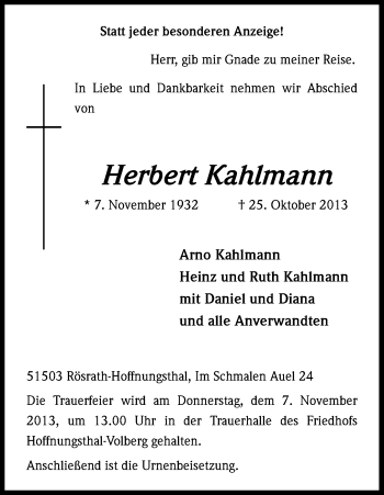 Anzeige von Herbert Kahlmann von Kölner Stadt-Anzeiger / Kölnische Rundschau / Express