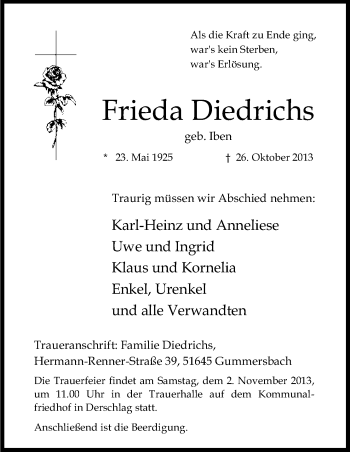 Anzeige von Frieda Diedrichs von Kölner Stadt-Anzeiger / Kölnische Rundschau / Express