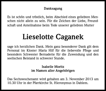 Anzeige von Lieselotte Caganek von Kölner Stadt-Anzeiger / Kölnische Rundschau / Express