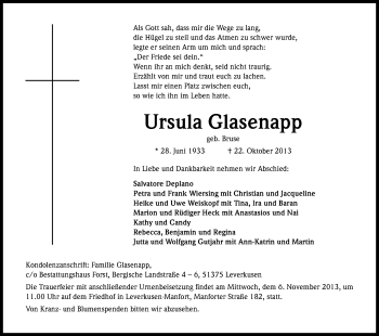 Anzeige von Ursula Glasenapp von Kölner Stadt-Anzeiger / Kölnische Rundschau / Express