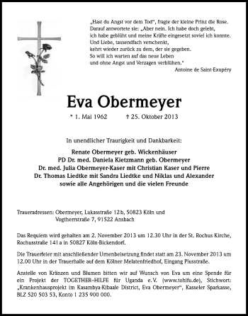 Anzeige von Eva Obermeyer von Kölner Stadt-Anzeiger / Kölnische Rundschau / Express