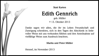Anzeige von Edith Gennrich von Kölner Stadt-Anzeiger / Kölnische Rundschau / Express