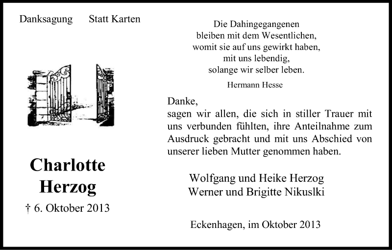  Traueranzeige für Charlotte Herzog vom 30.10.2013 aus Kölner Stadt-Anzeiger / Kölnische Rundschau / Express