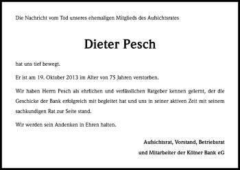 Anzeige von Dieter Pesch von Kölner Stadt-Anzeiger / Kölnische Rundschau / Express