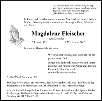 Anzeige von Magdalene Fleischer von Kölner Stadt-Anzeiger / Kölnische Rundschau / Express