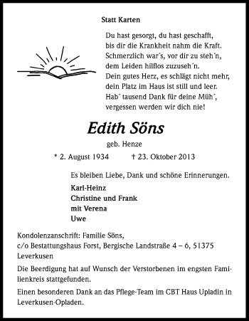 Anzeige von Edith Söns von Kölner Stadt-Anzeiger / Kölnische Rundschau / Express
