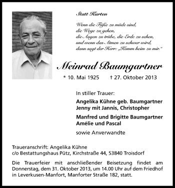 Anzeige von Meinrad Baumgartner von Kölner Stadt-Anzeiger / Kölnische Rundschau / Express