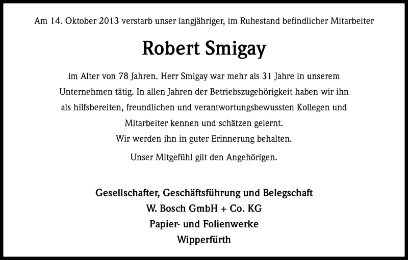  Traueranzeige für Robert Smigay vom 30.10.2013 aus Kölner Stadt-Anzeiger / Kölnische Rundschau / Express