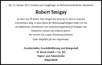 Anzeige von Robert Smigay von Kölner Stadt-Anzeiger / Kölnische Rundschau / Express