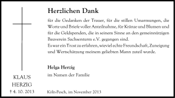 Anzeige von Klaus Herzig von Kölner Stadt-Anzeiger / Kölnische Rundschau / Express