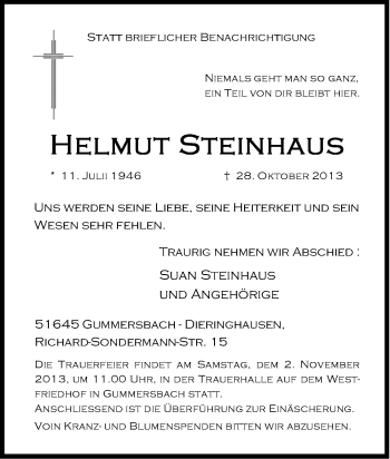 Anzeige von Helmut Steinhaus von Kölner Stadt-Anzeiger / Kölnische Rundschau / Express