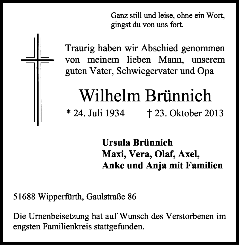  Traueranzeige für Wilhelm Brünnich vom 02.11.2013 aus Kölner Stadt-Anzeiger / Kölnische Rundschau / Express