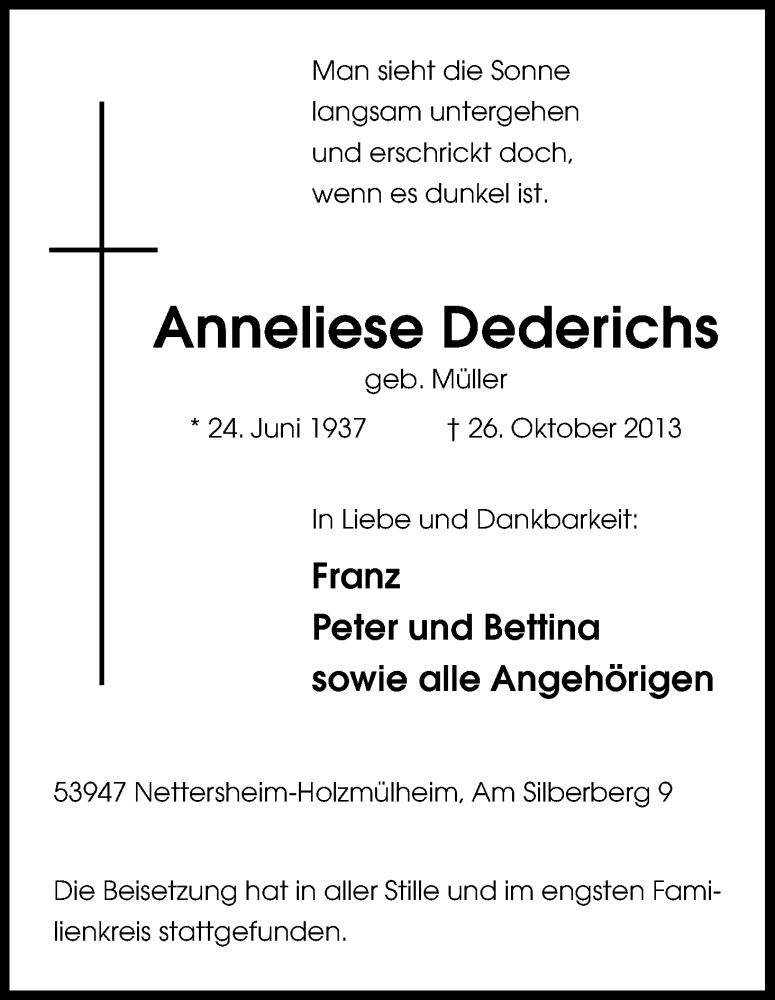  Traueranzeige für Anneliese Dederichs vom 02.11.2013 aus Kölner Stadt-Anzeiger / Kölnische Rundschau / Express