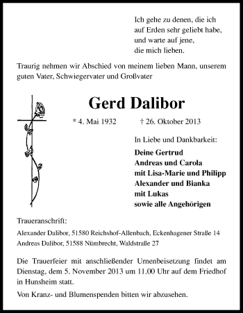 Anzeige von Gerd Dalibor von Kölner Stadt-Anzeiger / Kölnische Rundschau / Express