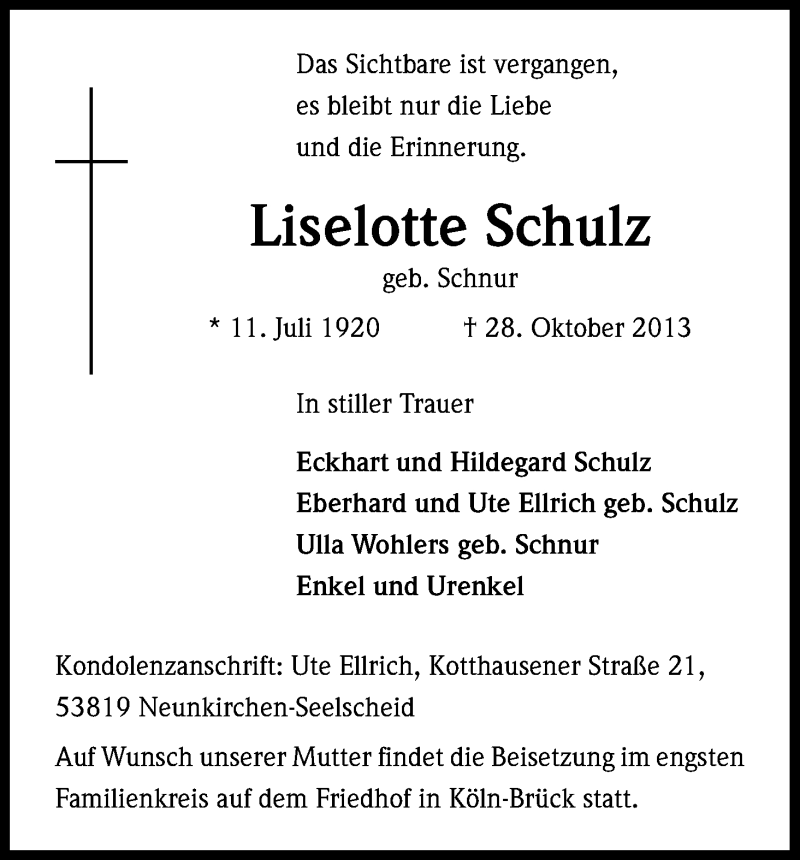  Traueranzeige für Lieselotte Schulz vom 02.11.2013 aus Kölner Stadt-Anzeiger / Kölnische Rundschau / Express