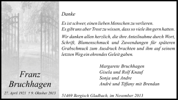 Anzeige von Franz Bruchhagen von Kölner Stadt-Anzeiger / Kölnische Rundschau / Express