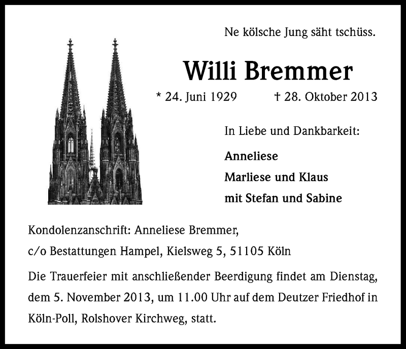  Traueranzeige für Willi Bremmer vom 02.11.2013 aus Kölner Stadt-Anzeiger / Kölnische Rundschau / Express