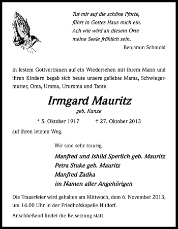 Anzeige von Irmgard Maritz von Kölner Stadt-Anzeiger / Kölnische Rundschau / Express