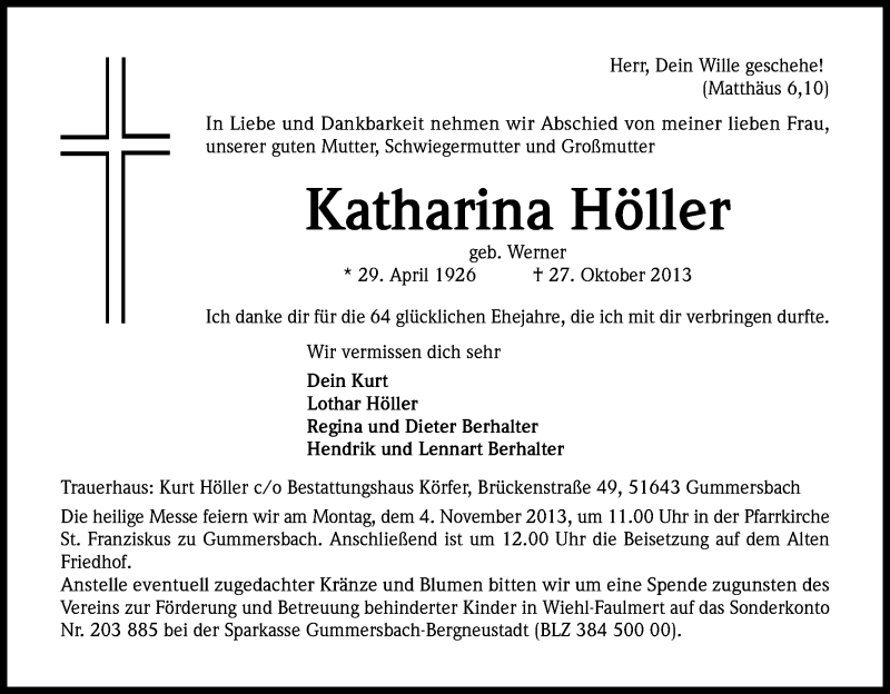  Traueranzeige für Katharina Höller vom 31.10.2013 aus Kölner Stadt-Anzeiger / Kölnische Rundschau / Express