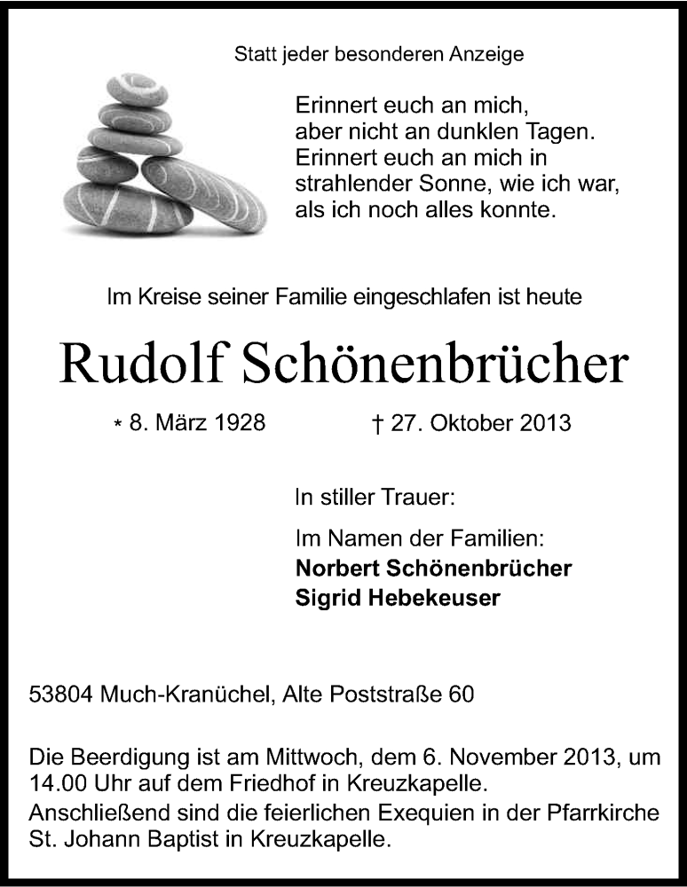  Traueranzeige für Rudolf Schönenbrücher vom 02.11.2013 aus Kölner Stadt-Anzeiger / Kölnische Rundschau / Express