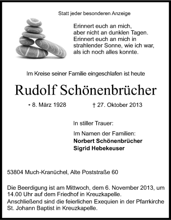 Anzeige von Rudolf Schönenbrücher von Kölner Stadt-Anzeiger / Kölnische Rundschau / Express