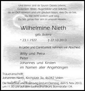 Anzeige von Wilhelmine Nieth von Kölner Stadt-Anzeiger / Kölnische Rundschau / Express