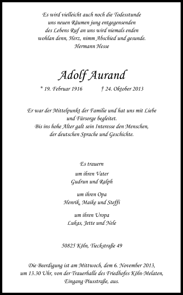  Traueranzeige für Adolf Aurand vom 02.11.2013 aus Kölner Stadt-Anzeiger / Kölnische Rundschau / Express