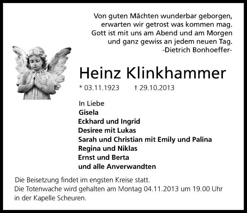  Traueranzeige für Heinz Klinkhammer vom 31.10.2013 aus Kölner Stadt-Anzeiger / Kölnische Rundschau / Express