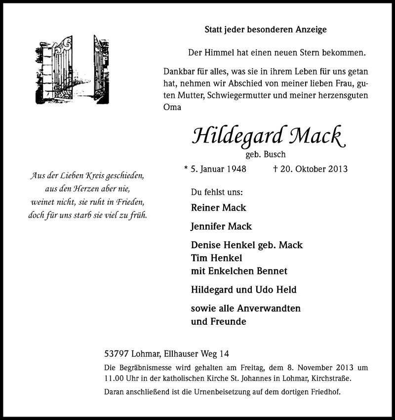  Traueranzeige für Hildegard Mack vom 02.11.2013 aus Kölner Stadt-Anzeiger / Kölnische Rundschau / Express
