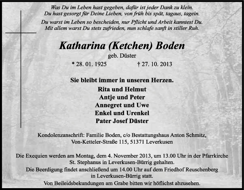  Traueranzeige für Katharina Boden vom 31.10.2013 aus Kölner Stadt-Anzeiger / Kölnische Rundschau / Express