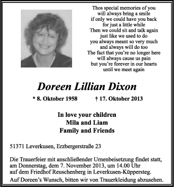 Anzeige von Doreen Lilian Dixon von Kölner Stadt-Anzeiger / Kölnische Rundschau / Express