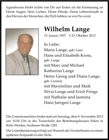 Anzeige von Wilhelm Lange von Kölner Stadt-Anzeiger / Kölnische Rundschau / Express