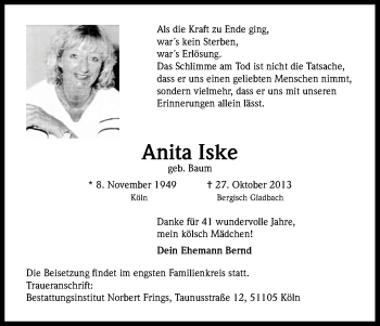 Anzeige von Anita Isken von Kölner Stadt-Anzeiger / Kölnische Rundschau / Express