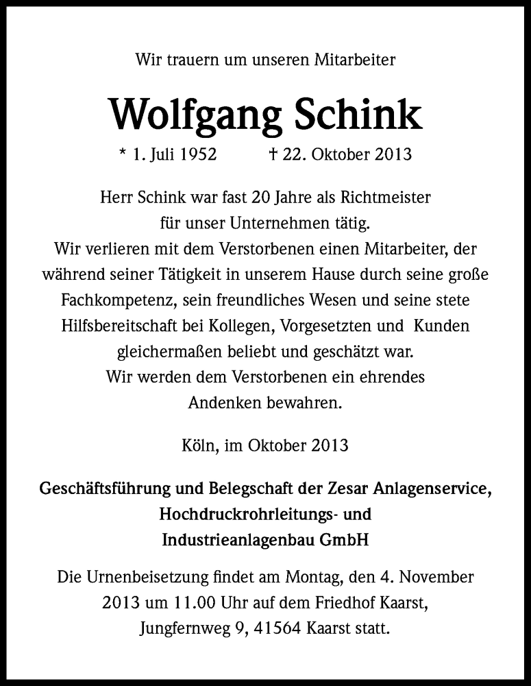  Traueranzeige für Wolfgang Schink vom 31.10.2013 aus Kölner Stadt-Anzeiger / Kölnische Rundschau / Express