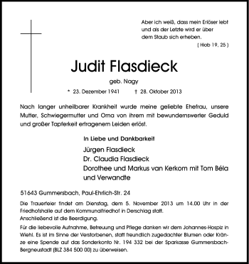 Anzeige von Judit Flasdieck von Kölner Stadt-Anzeiger / Kölnische Rundschau / Express
