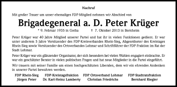 Anzeige von Peter Krüger von Kölner Stadt-Anzeiger / Kölnische Rundschau / Express