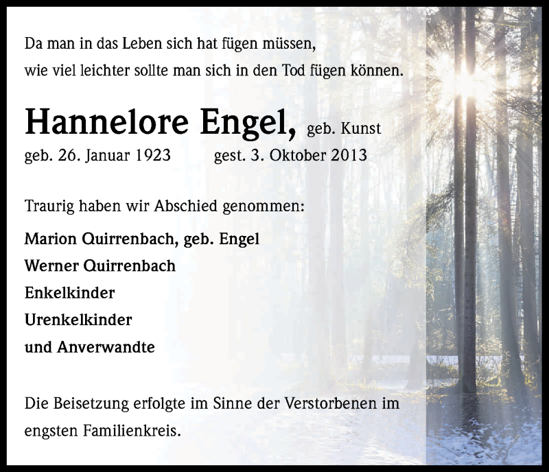 Traueranzeige für Hannelore Engel vom 02.11.2013 aus Kölner Stadt-Anzeiger / Kölnische Rundschau / Express