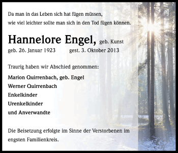 Anzeige von Hannelore Engel von Kölner Stadt-Anzeiger / Kölnische Rundschau / Express